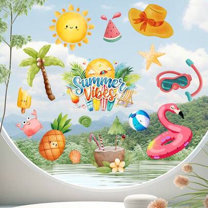 BRUP 1/3/4 Sheets Summer Window Decals For Kids Room, Cartoon Beach Sea Animals & Tropical Plants Static Stickers, Flamingo Pineapple Sun Coconut Ice Cream Decorative Window Clings For Bedroom Playroom Classroom​