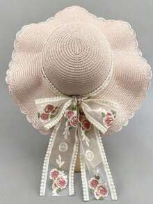 1pc Bohemian Style Retro Korean Version Breathable Straw Hat For Women. Beach Travel Sun Hat, New Street Fashion Wide Brim Hat, Decorated With Elegant Bow And Ribbon Details, Made Of Lightweight And Breathable Polyester Fiber With UV Protection. - Mũ Rơm - Xem 3