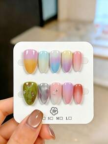 10pcs Handmade Colorful Tie Dye Almond Shaped Short False Nails, Reusable Nail Art Decorations Suitable For Daily, Party, Wedding, Holiday, Includes Nail Glue And File - Multicolor - View 1