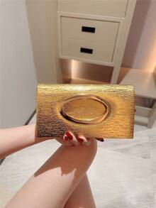 1件欧美时尚金属装饰迷你盒形手拿包，闪亮金属条镶嵌，优雅奢华，适合晚礼服、派对、婚礼、舞会、盛会等场合，皮革设计，配有金属链条 - 金色 - 查看 7