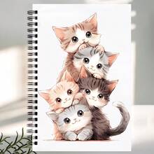 Cute Cat Spiral Notebook A5 Size With Kitten Cover - Horizontal Line Ruled Pages Suitable For, Office, Journaling, Gift For Women, Teachers, Students - Durable Writing Diary For Teachers, Colleagues, Daily Supplies, No Pen Included. - E - View 1
