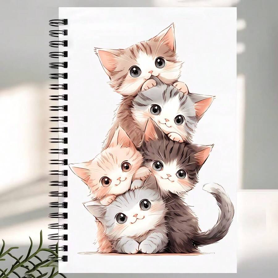 Cute Cat Spiral Notebook A5 Size With Kitten Cover - Horizontal Line Ruled Pages Suitable For, Office, Journaling, Gift For Women, Teachers, Students - Durable Writing Diary For Teachers, Colleagues, Daily Supplies, No Pen Included. - E - View 1