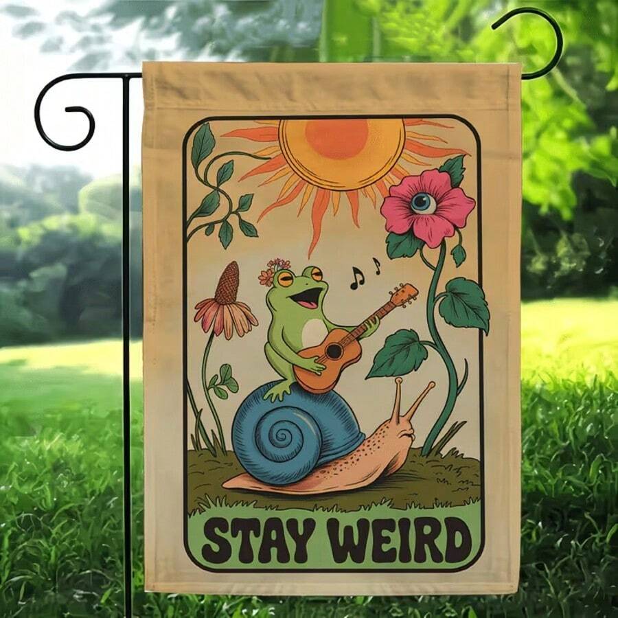 1pc, A Frog Strumming A Guitar While Sitting On A Snail, Creating A Garden Flag, Sturdy And Water-Resistant, Measuring 12X18 Inches, Garden Decor | Double-Sided Flag, Suitable For Outdoor Use, Flagpole Not Included - A - View 1