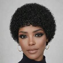 Pixie短髮女用人髮假髮 非洲風捲髮 自然髮色 彈性網帽適合所有人 - Natural Black - 查看 2
