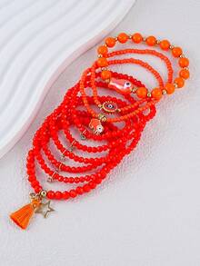 Set de 9 piezas de pulsera con colgantes de cristal y cuentas de semilla con diseños de pez naranja, elefante, ojo malvado y estrella, pulsera multicapa con borlas, adecuado para uso diario, citas y playa en verano de mujeres - Naranja - Ver 6
