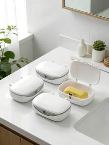 1pc Minimalist Soap Dish, Plastic Draining Soap Tray With Cover, Bathroom Soap Holder, Portable Travel Soap Storage Box, Bathroom Accessories - A - View 2