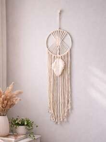 1 chiếc đồ trang trí treo tường dệt thủ công, kiểu Boho, có tua rua, dùng để trang trí nhà cửa, căn hộ, quà tân gia hoàn hảo, trang trí phòng tập yoga (Không bao gồm đèn) - Màu be - Xem 7