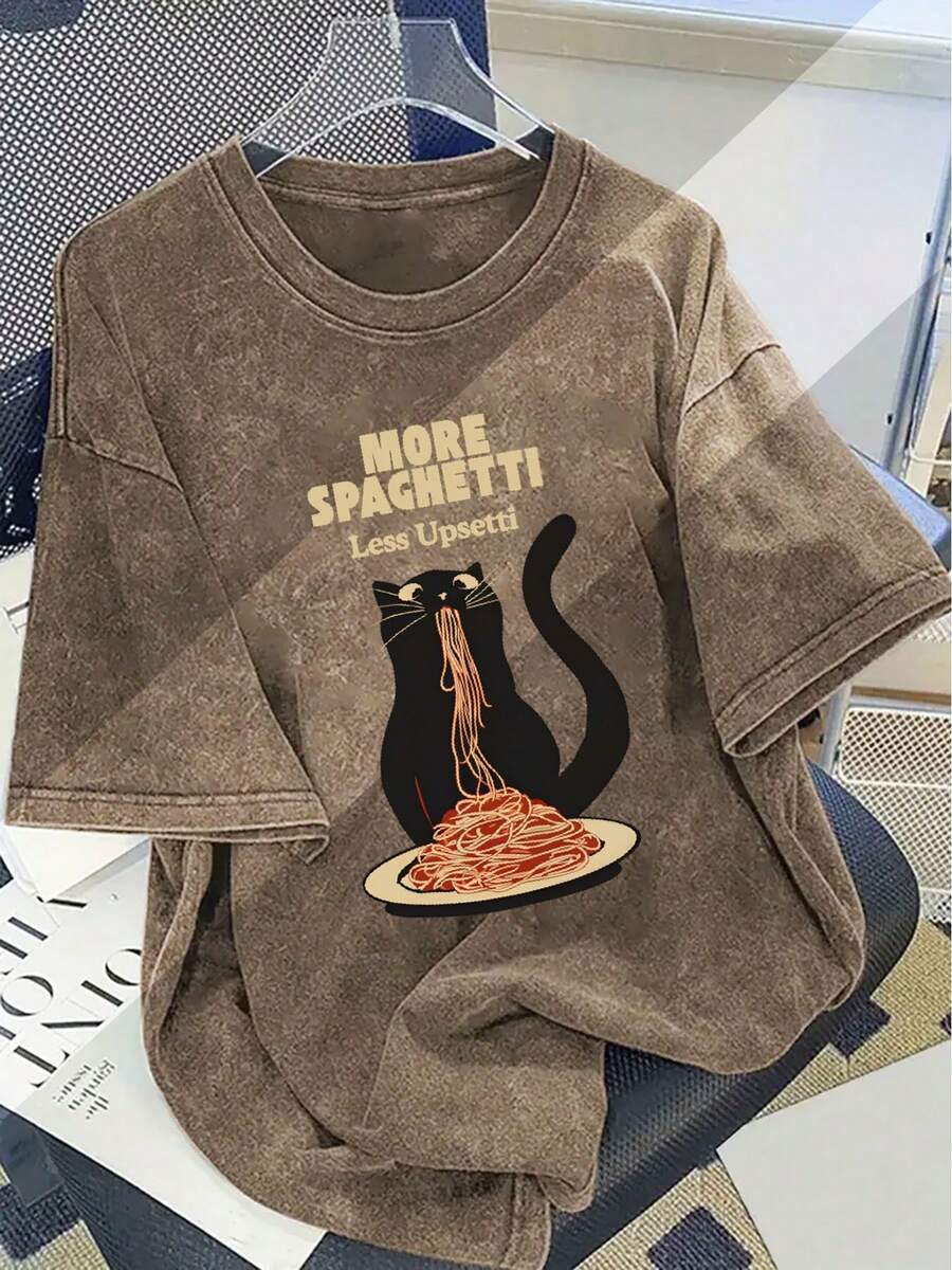 Cotton T Shirts Women2026Y2K Elegant Women's Pure Cotton Washed Short Sleeve T-Shirt With Creative Exquisite Pattern Of A Black Cat Eating Spaghetti M - Orca Coatings-棕色 - 查看 1