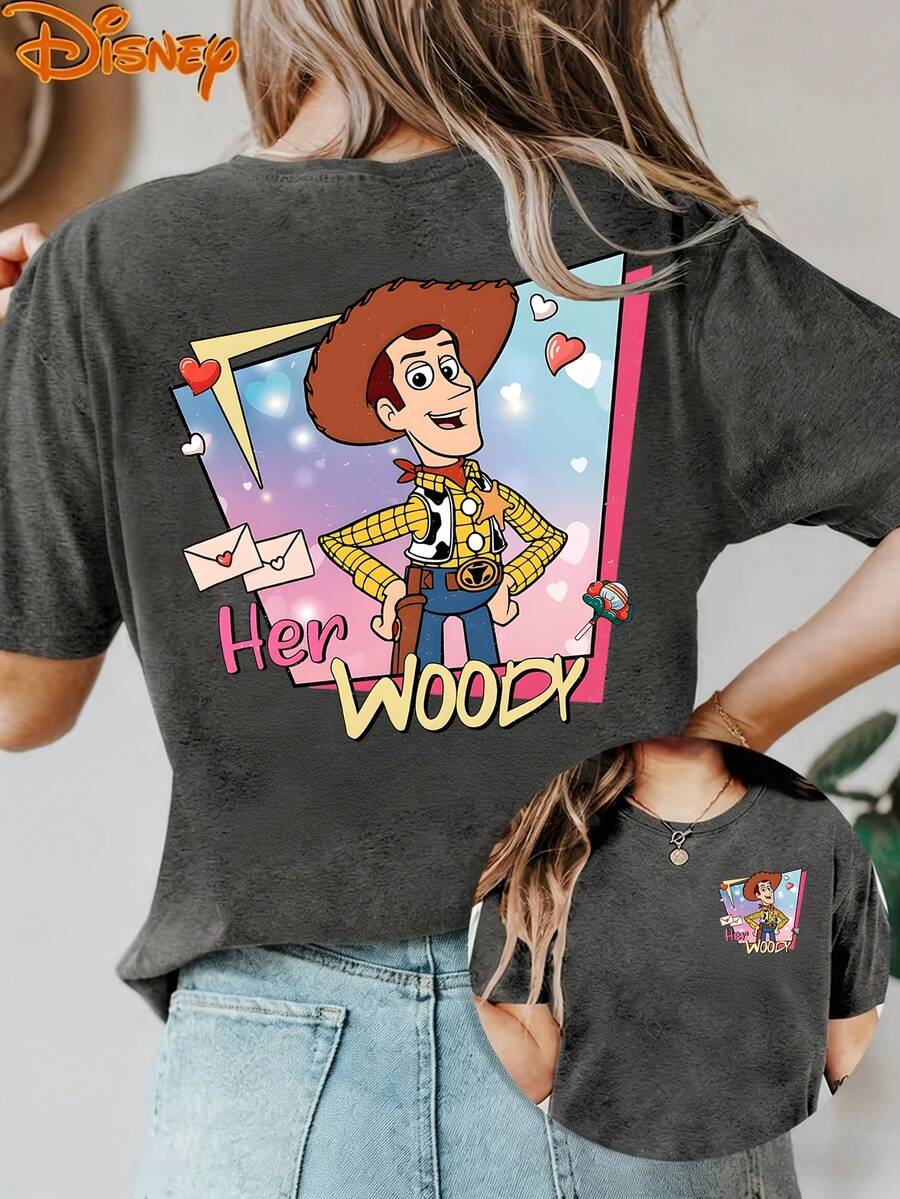 Disney License T Shirts,Disney Toy Story Woody Her Woody Print Oversized T-Shirt For Women, Cute Retro PIXAR1 Toy Story Character Graphic Loose Fit Casual Tee, Vintage Disney Toy Story Couple Matching Short Sleeve Tops For Disney World Trip Valentine's Day Daily Wear ,Camiseta, Summer Outfits For Women, Summer Clothes, Summer Tops, Tops For Women, Festival Outfits, Summer Tops For Women, Mother's Day, Mother's Day Clothing, Gifts For Family And Friends, Spring Outfits For Women, Officially Licensed Disney T-Shirts, Disney Men's And Women's Spring/Summer Fashion Casual Short-Sleeve T-Shirts - Grey - View 1