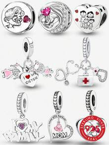 1 pieza Colgante de plata de ley 925 con forma de corazón de familia, adecuado para hacer pulseras, brazaletes y joyería DIY, un accesorio ideal como regalo para una chica en el Día de San Valentín - Plateado - Ver 13