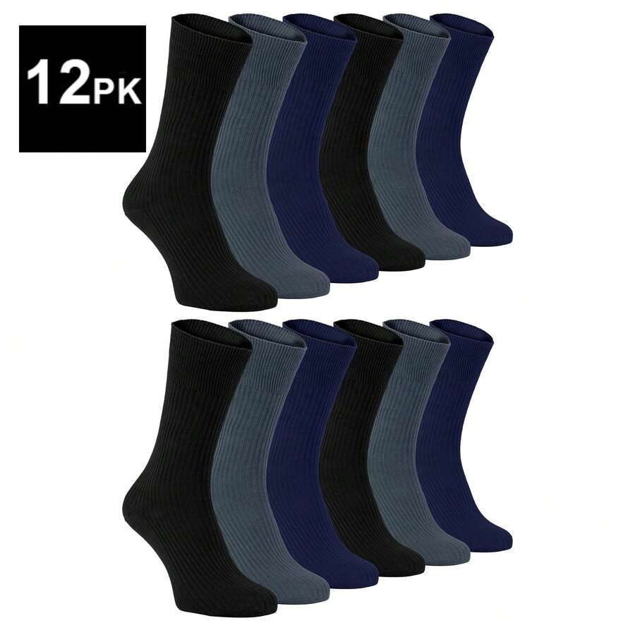 Sock Snob Sock Snob - 12 Pair Multipack Mens 100% Cotton Diabetic Friendly Socks | Ribbed Non Elastic Loose Wide Top Socks - TSFD01 - View 1