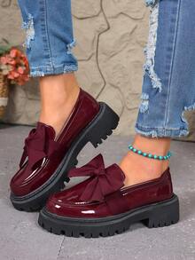 Giày lười nữ đế dày có nơ, giày da công sở thường ngày cho mùa xuân và mùa thu. - Màu Đỏ Sâu - Xem 3