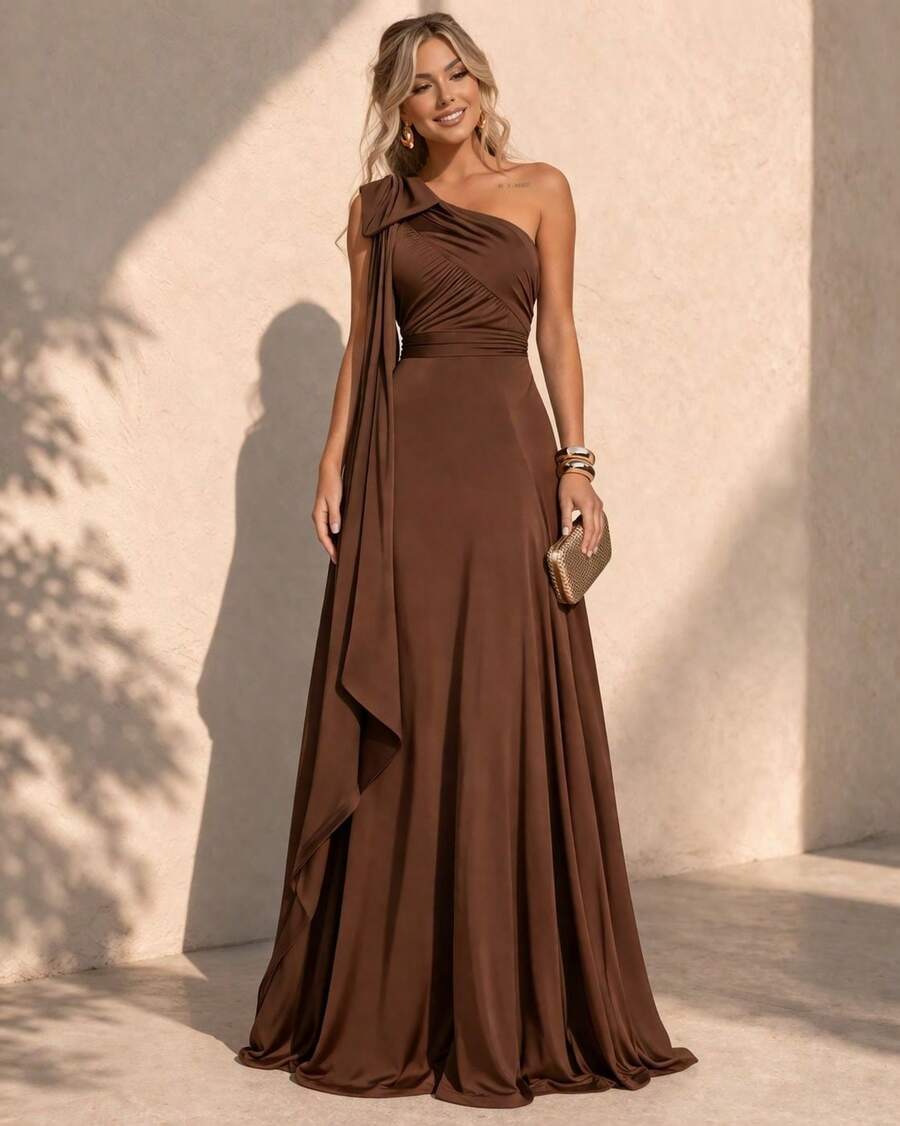 Bridesmaid Dress For Party Guests Reception Graduation Without Shine Cape Sleeve In Fluity - Rỉ Nâu - Xem 1