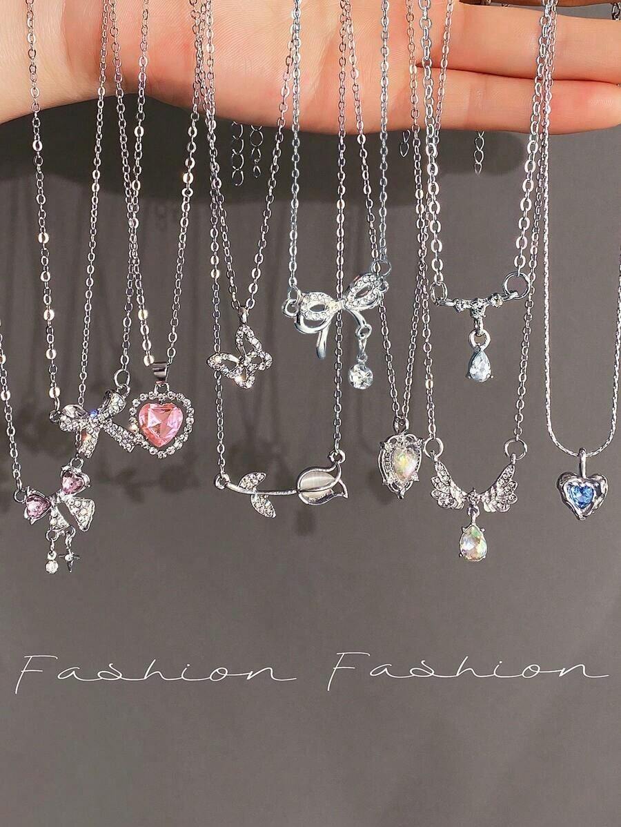 5-8pcs/Set Y2K Fashion Crystal Heart, Butterfly, Tulip, Bow Pendant Necklace Set, Shiny Jewelry Gift For Women, Suitable For Valentine's Day Party - 8pcs-aH23926 - Xem 1