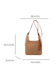 Hollow Tassel Handmade Crochet Shoulder Bag, Zipper Closure, Casual Style Cotton Knitted Bag, Suitable For Vacation, Commute, Daily Use, Dating, Outing In Spring/Summer, College Classes - Khaki - View 13