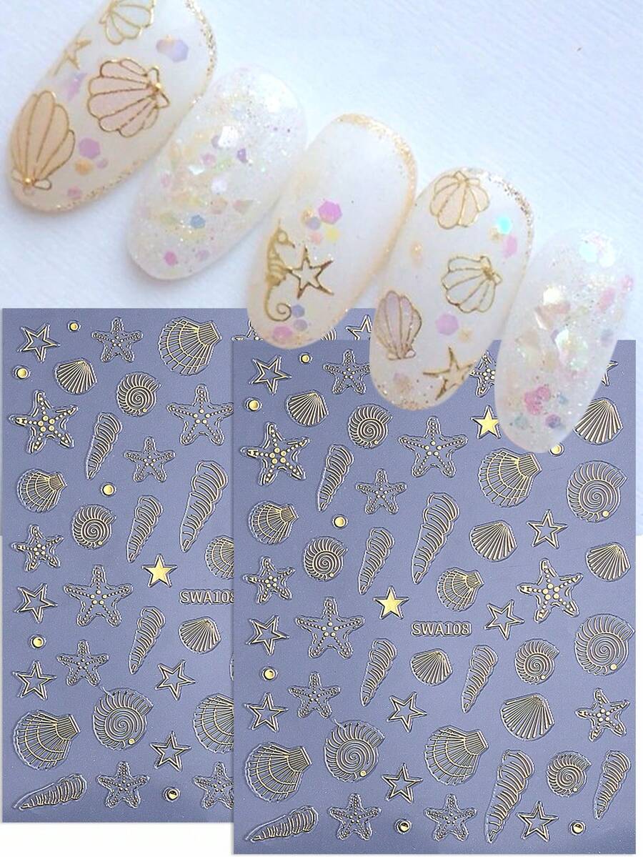SWEET TREND Bộ 2 miếng dán móng tay 3D kim loại mùa hè hình vỏ sò rỗng màu vàng, sao biển, ngôi sao, tự dán, phong cách Y2K, hoạt hình, động vật biển, trang trí móng tay dạng gel tự dính. - Vàng - Xem 1
