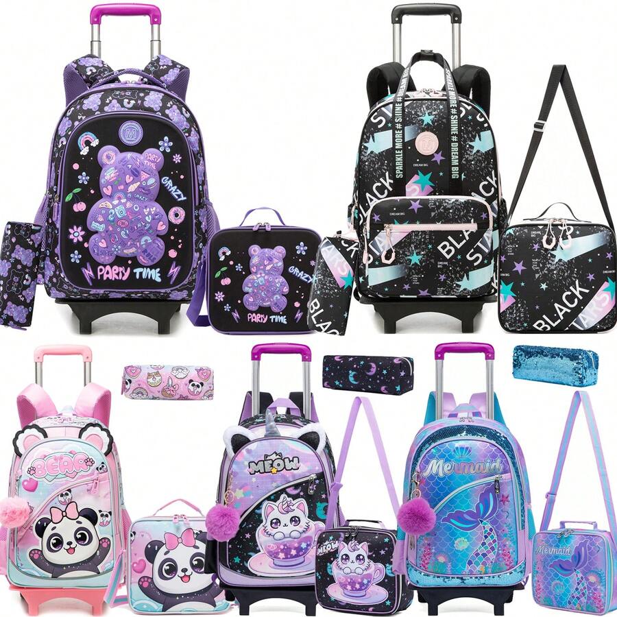 Bộ 3 món ba lô kéo cho bé gái, ba lô kéo 16 inch kèm túi đeo chéo và hộp bút. - Túi kéo dành cho bé gái - Xem 1