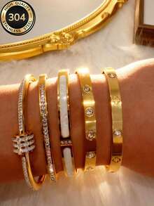 Znice Nouveau 5 pièces Bracelet Jonc Polyvalent Minimaliste Mode Élégant Luxe Étoilé Scintillant Pour Femmes, Acier Titane Premium - Or 3 - Voir 3