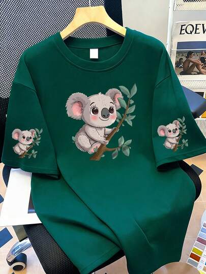 考拉图案圆领T恤，大码女式休闲夏季服装。时尚短袖。适合夏季度假、海滩、节日、春季、情人节、狂欢节、母亲节礼物。