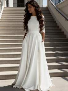 Solid Color Elegant Knit Fabric Zipper Pleated Wedding Spring White - White - View 2