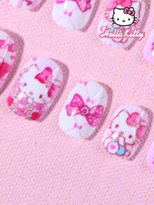 SANRIO 三丽鸥Hello Kitty 24片装短方形法式美甲贴片，可爱3D Hello Kitty按压式美甲贴片，完美贴合亚克力假指甲套装，Hello Kitty美甲，美甲用品，适合女孩和女士日常佩戴及家庭聚会使用，粉色少女风 - 彩色 - 查看 3