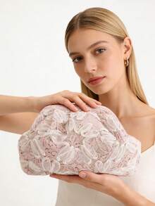 1 Stück elegante rosa Spitzen-Clutch für Frauen, bestickter Blumen-Abendtasche, Braut-Hochzeits-Clutch geeignet für Party, Urlaub, täglichen Gebrauch, ideales Geschenk zum Valentinstag & Muttertag - Pink - Übersicht 2