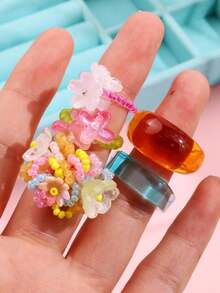 5件套精致可爱时尚独特设计串珠花朵树脂戒指套装，优雅日常珠宝，女士礼物 - 彩色 - 查看 7