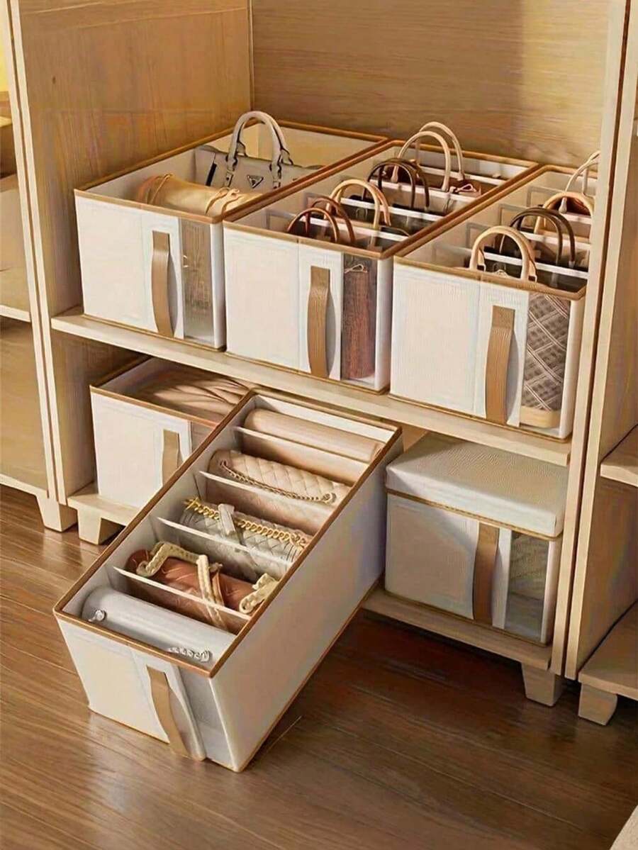 Foldable Elegant White Tote Bag Storage Organizer With Transparent Window, Wardrobe Storage Box, Compartment Organizer, Multi-Compartment Design, Suitable For Handbags, Shoes And Accessories - Space-Saving Closet And Wardrobe Storage