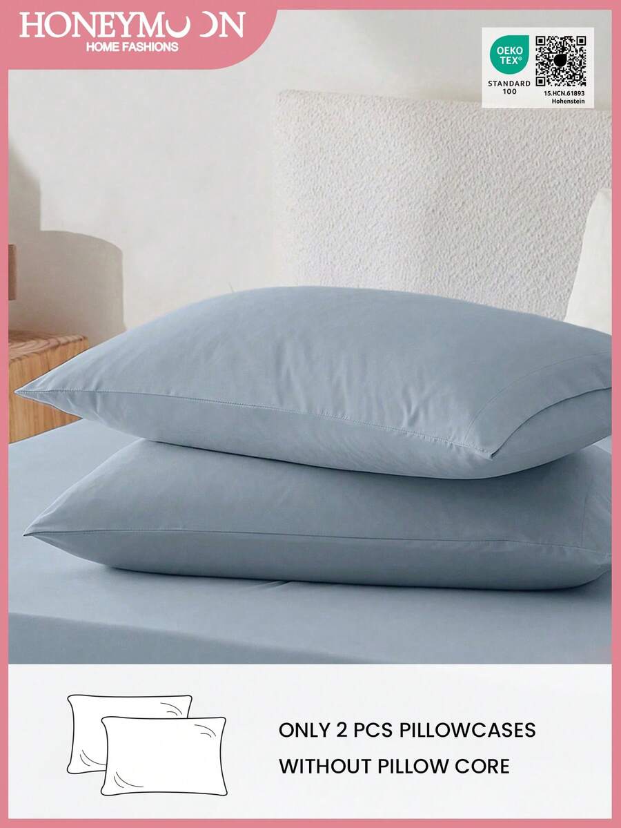 HONEY MOON 2pcs Soft & Breathable Solid Color Pillowcase, Envelope Closure, Wrinkle Resistant, No Filling - Fits T/F/Q/K Size Home & Dorm, OEKO-TEX Certified, Blue - Dusty Blue - View 1