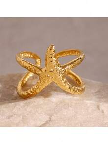 1pc Stainless Steel Gold Color Starfish Open Ring For Women - Gold - View 3