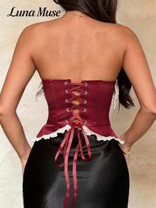 Áo croptop ren màu đỏ tía cổ điển Luna Muse dành cho nữ, áo corset ôm sát kiểu cung đình với nơ trang trí, áo tank top ngắn gợi cảm, sang trọng cao cấp cho các dịp hàng ngày, thường ngày, tiệc tùng, kỳ nghỉ, hẹn hò, dạo phố, biểu diễn, lễ hội âm nhạc, ngày Valentine, trang phục năm mới. - Màu Đỏ Sâu - Xem 3