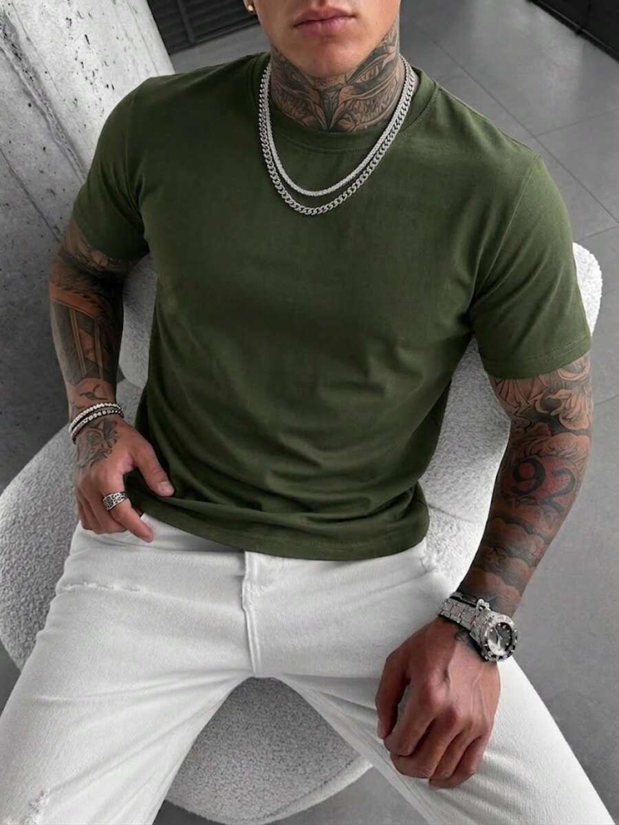 男士纯色简约圆领短袖T恤，舒适时尚，通勤百搭。 - 軍綠色 - 查看 1