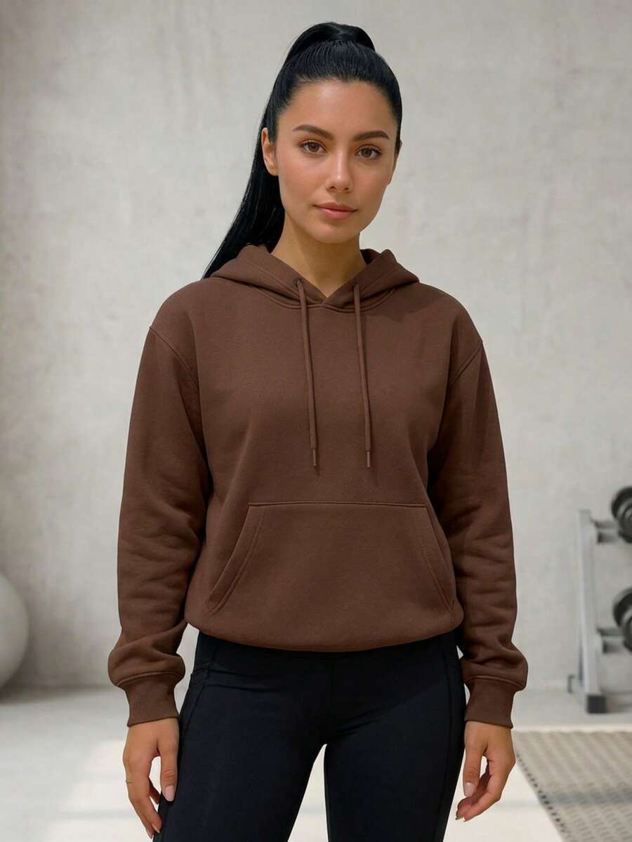 Women's Unisex Kangaroo-Style Sweatshirt, Plain Hooded Sweatshirt, Fleece Jacket, Thick Knit, Comfortable Winter Style, Warm, Brazilian Style, Fashion. - 巧克力棕 - 查看 1