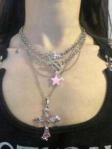 蝴蝶十字项链嘻哈复古链项链 - 粉色 - 查看 3