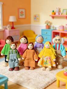 Wooden Family Figurines, Natural Wood Texture Dolls Decor, Suitable For Dollhouse Scenes - Multicolor - View 1