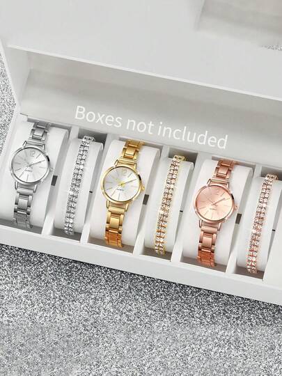 Bộ 6 chiếc đồng hồ nữ thanh lịch dây thép không gỉ, đồng hồ đeo tay và vòng tay thời trang tối giản dành cho nữ.