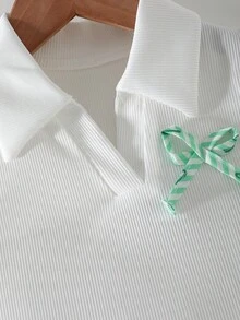 Girls' White V-Neck Ribbed Knit Tank Top + Vertical Striped Bow Print Skirt 2Pcs Set, Suitable For Daily Wear, Outdoor Activities And Events, Spring/Summer - Green - View 4