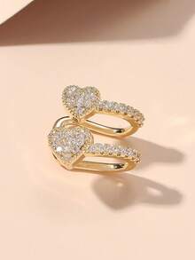 1 đôi bông tai kẹp đơn giản thiết kế hình trái tim đính đá Zirconia đôi thời trang dành cho nữ, trang sức bằng đồng. - Trái tim - Xem 9