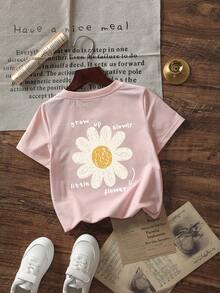 Baby Girls' Minimalist Doodle Daisy Print Round Neck Short Sleeve Cute Top - Pink - View 3