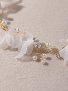 1 pieza Diadema con flor de organza, hojas, cristales de imitación y perlas falsas, adecuada para bodas, fotografía diaria, vacaciones, cumpleaños y otras ocasiones - Multicolor - Ver 5