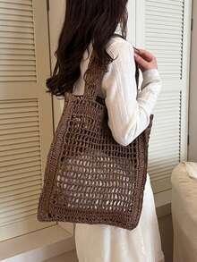 镂空网眼手工编织草编手提包，大容量单肩包，敞口设计，简约风格，适合约会、聚会、通勤、度假、日常使用，大学生适用 - 咖啡 - 查看 9