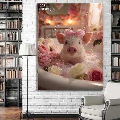 1 Pc Canvas Painting, Show Off A Cute Little Pig, Wearing A Pink Bow, Enjoying A Bubble Bath , Wooden Framed Art,High Quality ,Thickness 2. 25cm/1in Thick Wall Art Printed Poster, Cuadros,Directly Hung For Family Gifts, Living Room Decoration, Bathroom Decoration, Bedroom Decoration, Kitchen Decoration, Bar Decoration, Office Decoration. Halloween, Christmas And Valentine's Day Gifts, 2D Flat