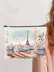 1pc Cartoon Romantic Paris Eiffel Tower Pattern Makeup Bag, Charger Storage, Gift For Friends - Multicolor - View 12