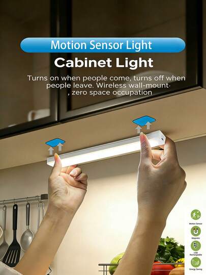 1pc 4/8/12/20 Inch USB Rechargeable Motion Sensor LED Light Strip, Warm/White Light, Suitable For Cabinet, Closet, Kitchen, Bedroom, Study, Counter, Corridor, Outdoor, Wardrobe, Stairs - Easy Installation, Automatic Motion Detection, No Drilling Required, Wardrobe Lighting | Minimalist Lamp | Magnetic LED Light Home Decor