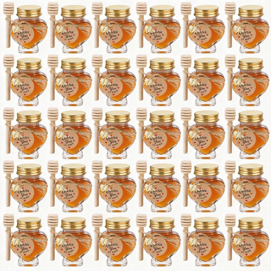 Bộ 6/16/32 hũ mật ong mini hình trái tim 60ml, kèm que khuấy, dây gai, mặt dây chuyền hình ong và thiệp cảm ơn, thích hợp làm quà tặng đám cưới. - Xem 1