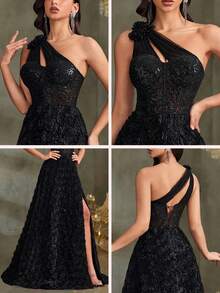 BluePlum Asymmetrical Shoulder Black Lace & Sequin Bridesmaid Dress, Fitted Mermaid Silhouette With Rose Texture, High-End Party Gown With High Slit And Train, Elegant Dark Color Evening Dress Wedding Spring - Black - View 6