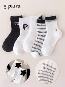 5 Pairs Boys' Thin Breathable Casual Sports Socks With Letter Print, Black & White, Versatile For Spring & Summer - Multicolor - View 1