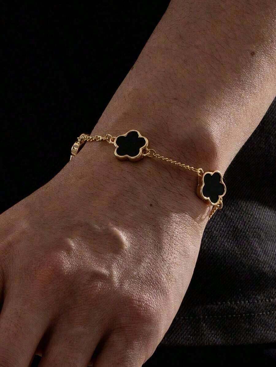 1pc Classic Design Business Fashion Lucky Four-Leaf Clover Bracelet Men ATMH - Đen - Xem 1