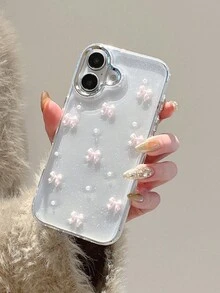 Transparent Butterfly Faux Pearl Decor Phone Case Compatible With  15,  16 Pro Max, Luxury Case Compatible With  13, 14, 12 Pro Max, 11, Shockproof Silicone Cover - Pink - View 1
