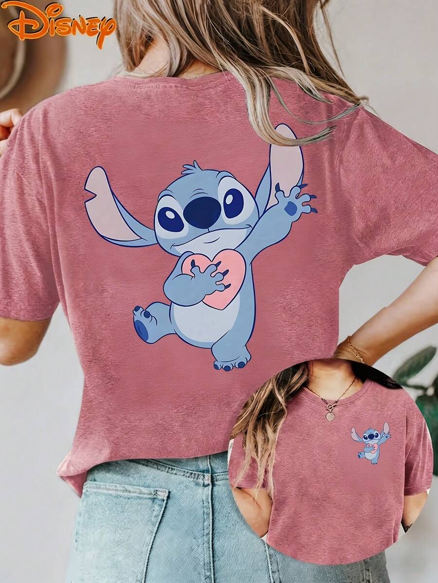 Disney License T Shirts,Disney Lilo & Stitch Graphic T-Shirt For Women, Casual Loose Fit Heart Hug Stitch Print Short Sleeve Tee, Cute Sweet Disney Character Top, Family Matching Mommy & Me Outfit,  Valentine's Day Gift Daily Wear Summer Fashion Top ,Camiseta, Summer Outfits For Women, Summer Clothes, Summer Tops, Tops For Women, Festival Outfits, Summer Tops For Women, Mother's Day, Mother's Day Clothing, Gifts For Family And Friends, Spring Outfits For Women, Officially Licensed Disney T-Shirts, Disney Men's And Women's Spring/Summer Fashion Casual Short-Sleeve T-Shirts - 玫紅色 - 查看 1